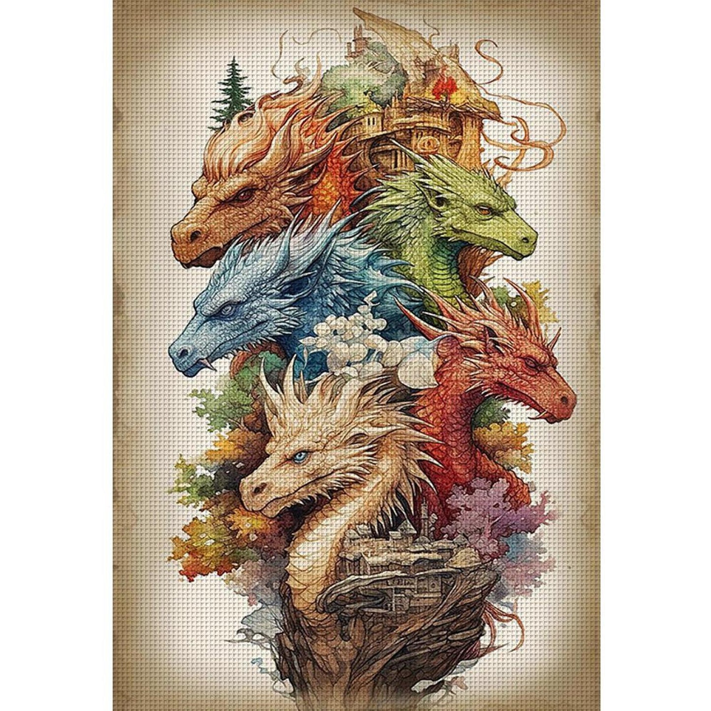 Vintage Poster - Group Of Dragons - Full 11CT Stamped Cross Stitch 40x60CM - Huacan
