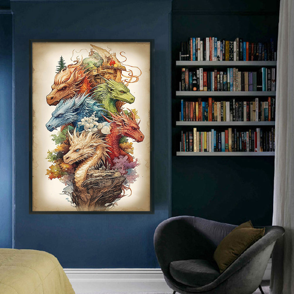 Vintage Poster - Group Of Dragons - Full 11CT Stamped Cross Stitch 40x60CM - Huacan