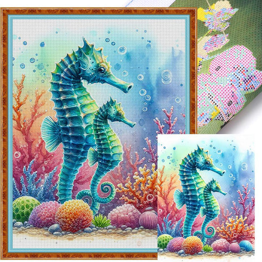 Seahorse In Underwater World - Full 11CT Stamped Cross Stitch 40x55CM - Yishu