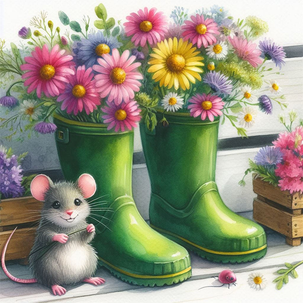 Little Mouse With Flowers In A Boot 30*30CM(Canvas) Full Round Drill Diamond Painting
