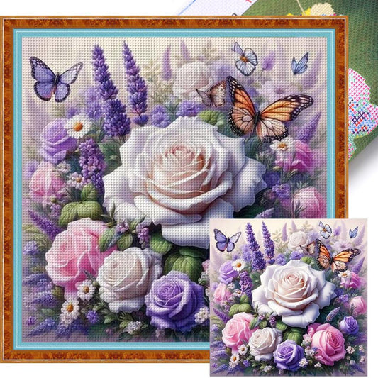 Rose And Butterfly - Full 11CT Stamped Cross Stitch 45x45CM - Yishu