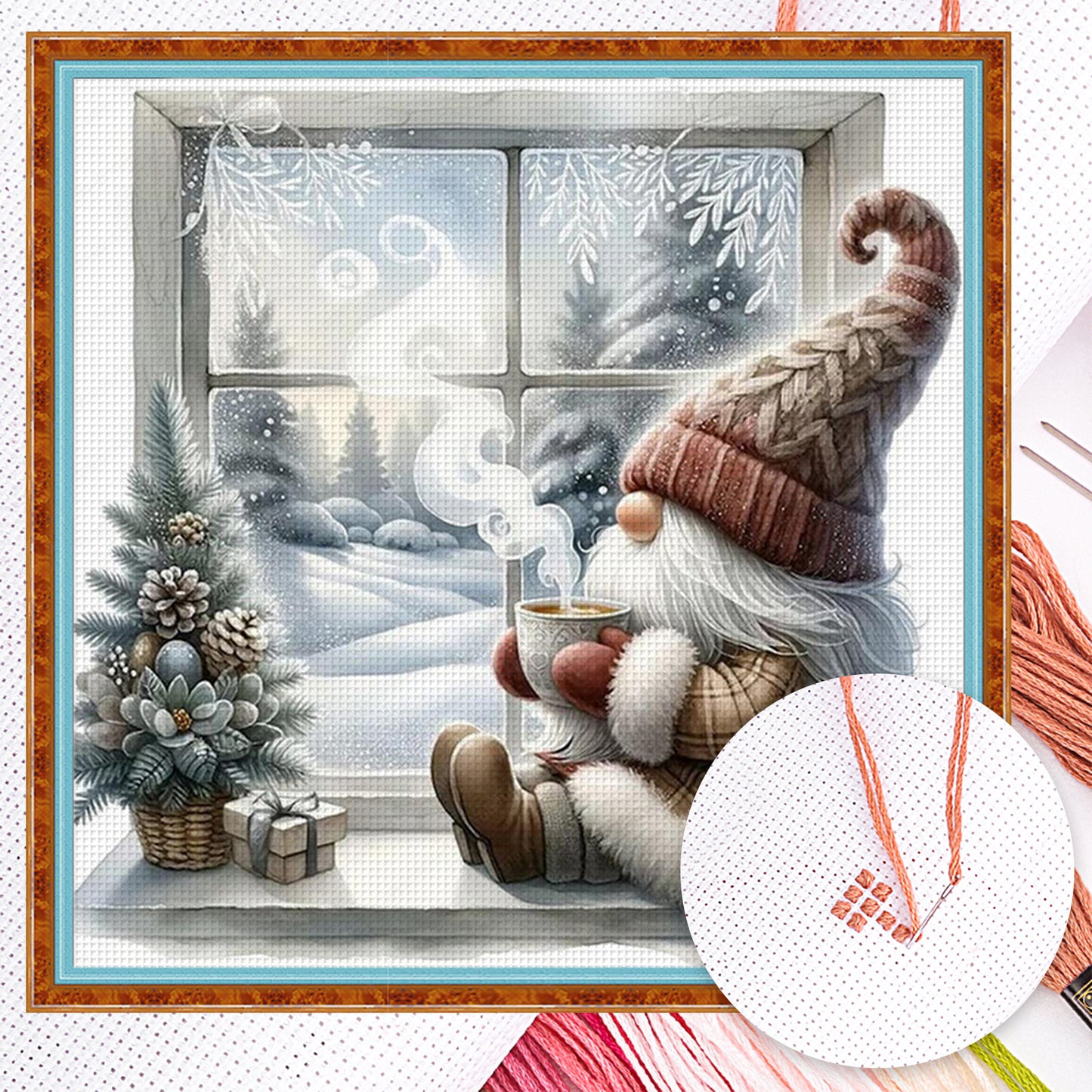 Gnome By Window In Winter - Full 11CT Counted Cross Stitch 40x40CM - Yishu