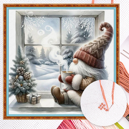 Gnome By Window In Winter - Full 11CT Counted Cross Stitch 40x40CM - Yishu