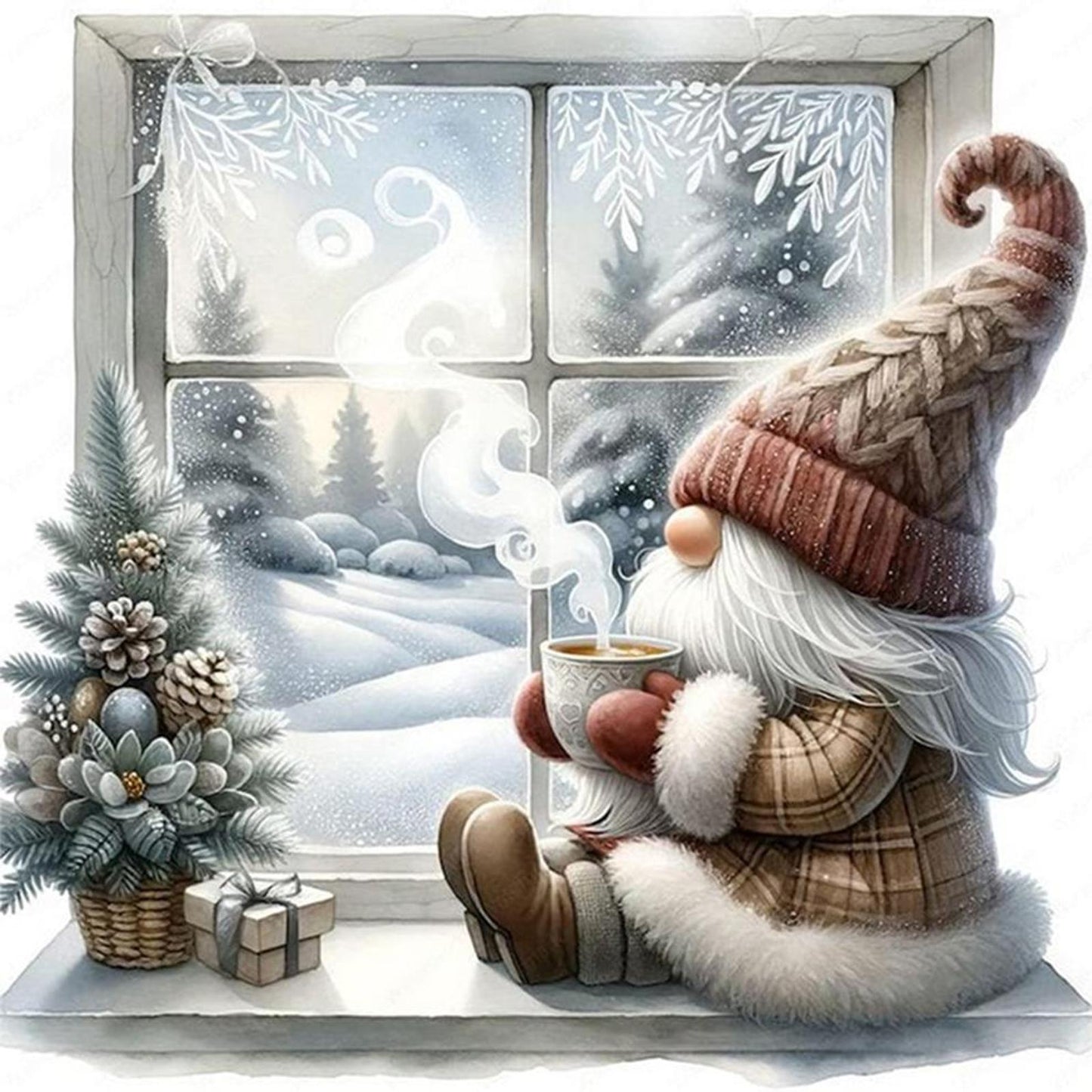 Gnome By Window In Winter - Full 11CT Counted Cross Stitch 40x40CM - Yishu