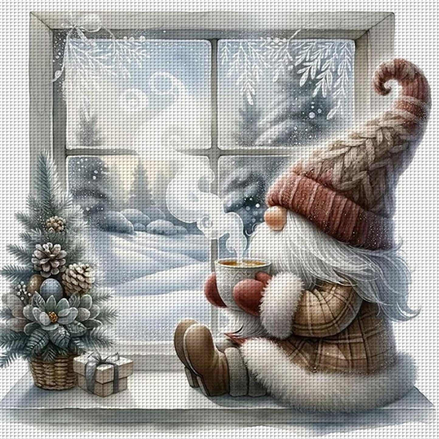 Gnome By Window In Winter - Full 11CT Counted Cross Stitch 40x40CM - Yishu
