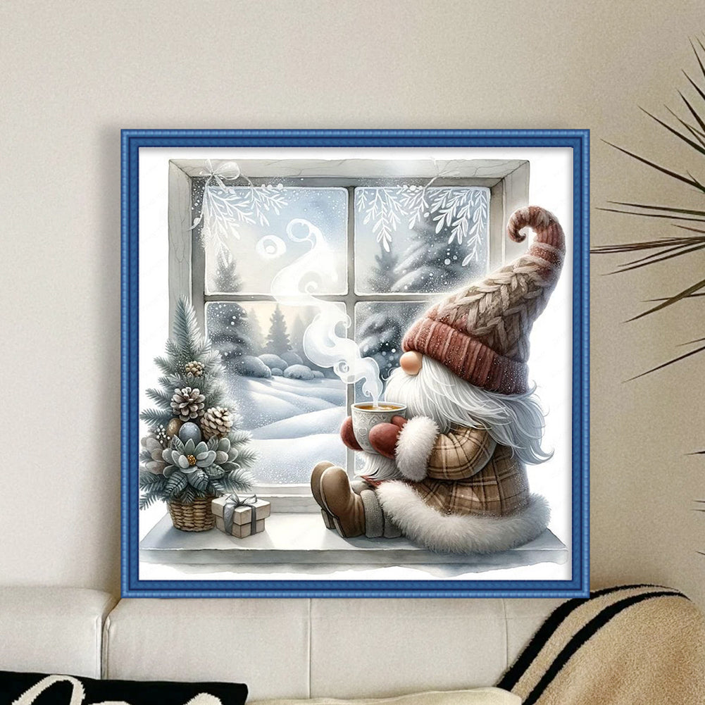 Gnome By Window In Winter - Full 11CT Counted Cross Stitch 40x40CM - Yishu