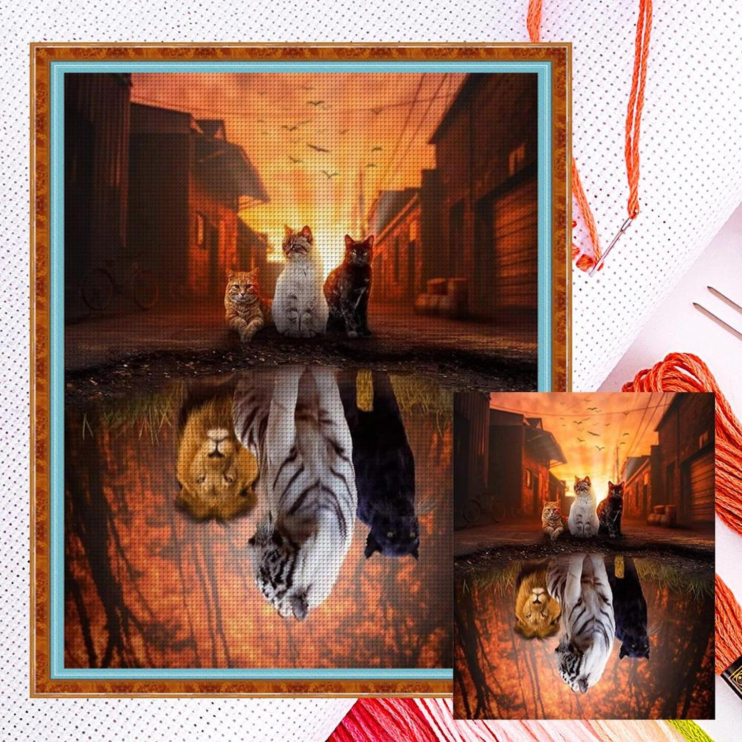 Reflection - Three Cats - Full 11CT Counted Cross Stitch 40x50CM - Diy