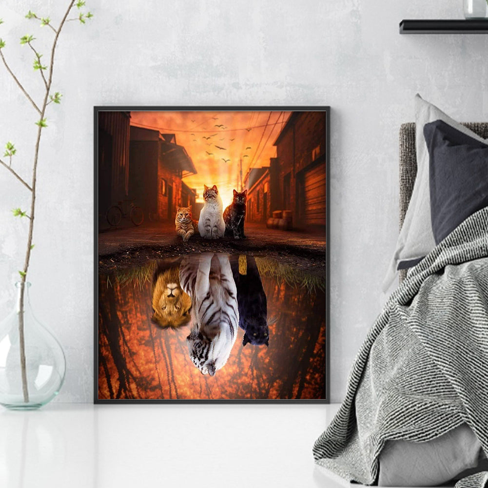 Reflection - Three Cats - Full 11CT Counted Cross Stitch 40x50CM - Diy