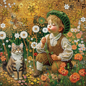 Children'S Day Boy And Kitten 40*40CM(Canvas) Partial Special Shaped Drill Diamond Painting