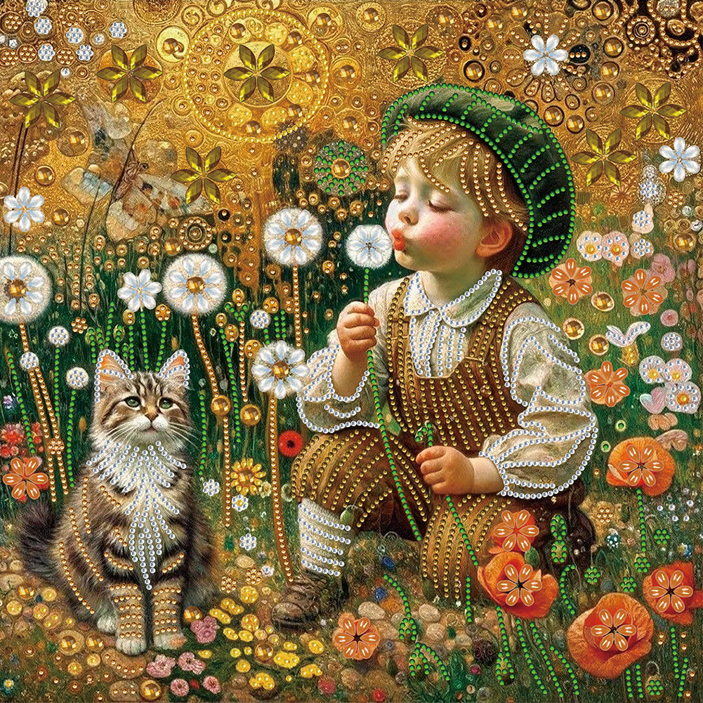 Children'S Day Boy And Kitten 40*40CM(Canvas) Partial Special Shaped Drill Diamond Painting