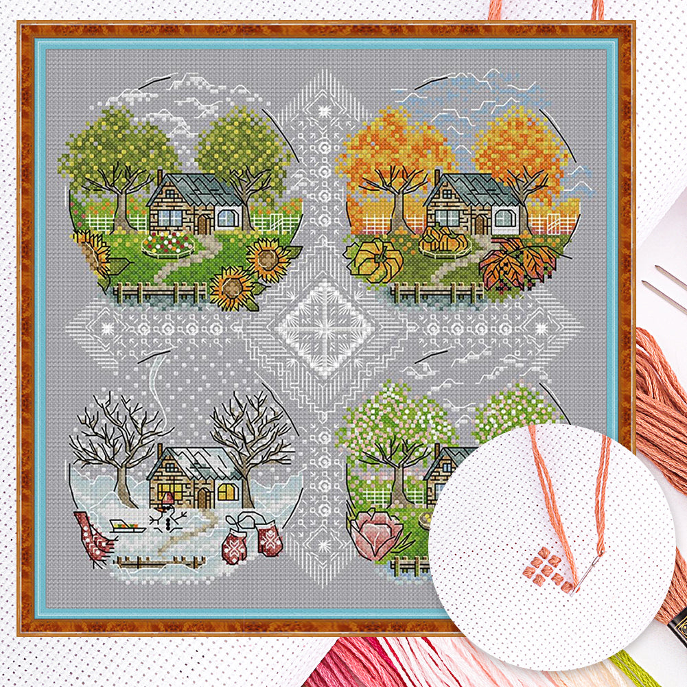 Four Seasons Cabin - Full 14CT Counted Cross Stitch 33x33CM - Joy Sunday Backstitch