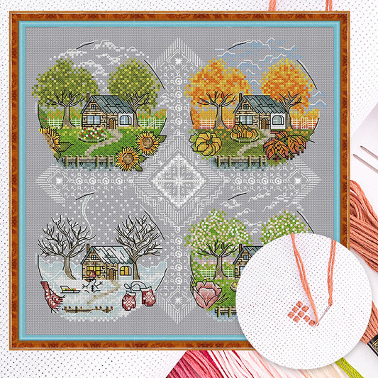 Four Seasons Cabin - Full 14CT Counted Cross Stitch 33x33CM - Joy Sunday Backstitch