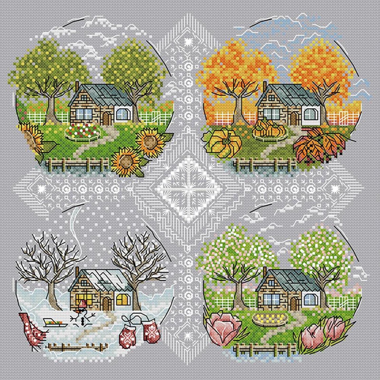 Four Seasons Cabin - Full 14CT Counted Cross Stitch 33x33CM - Joy Sunday Backstitch