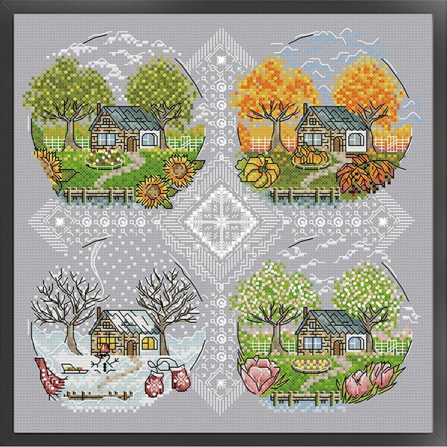 Four Seasons Cabin - Full 14CT Counted Cross Stitch 33x33CM - Joy Sunday Backstitch