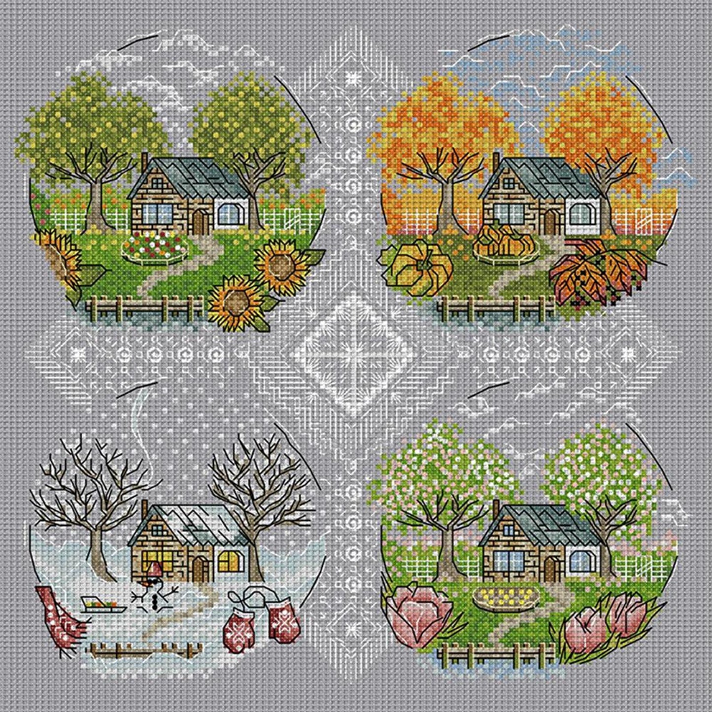 Four Seasons Cabin - Full 14CT Counted Cross Stitch 33x33CM - Joy Sunday Backstitch