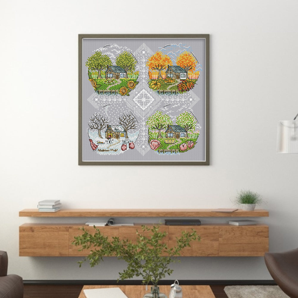 Four Seasons Cabin - Full 14CT Counted Cross Stitch 33x33CM - Joy Sunday Backstitch