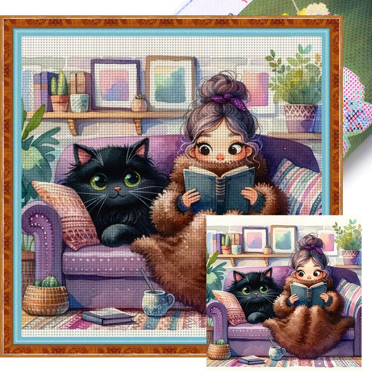 Girl Reading With Cat - Full 11CT Stamped Cross Stitch 50x50CM - Yishu