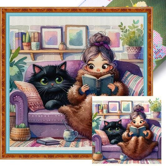 Girl Reading With Cat - Full 11CT Stamped Cross Stitch 50x50CM - Yishu