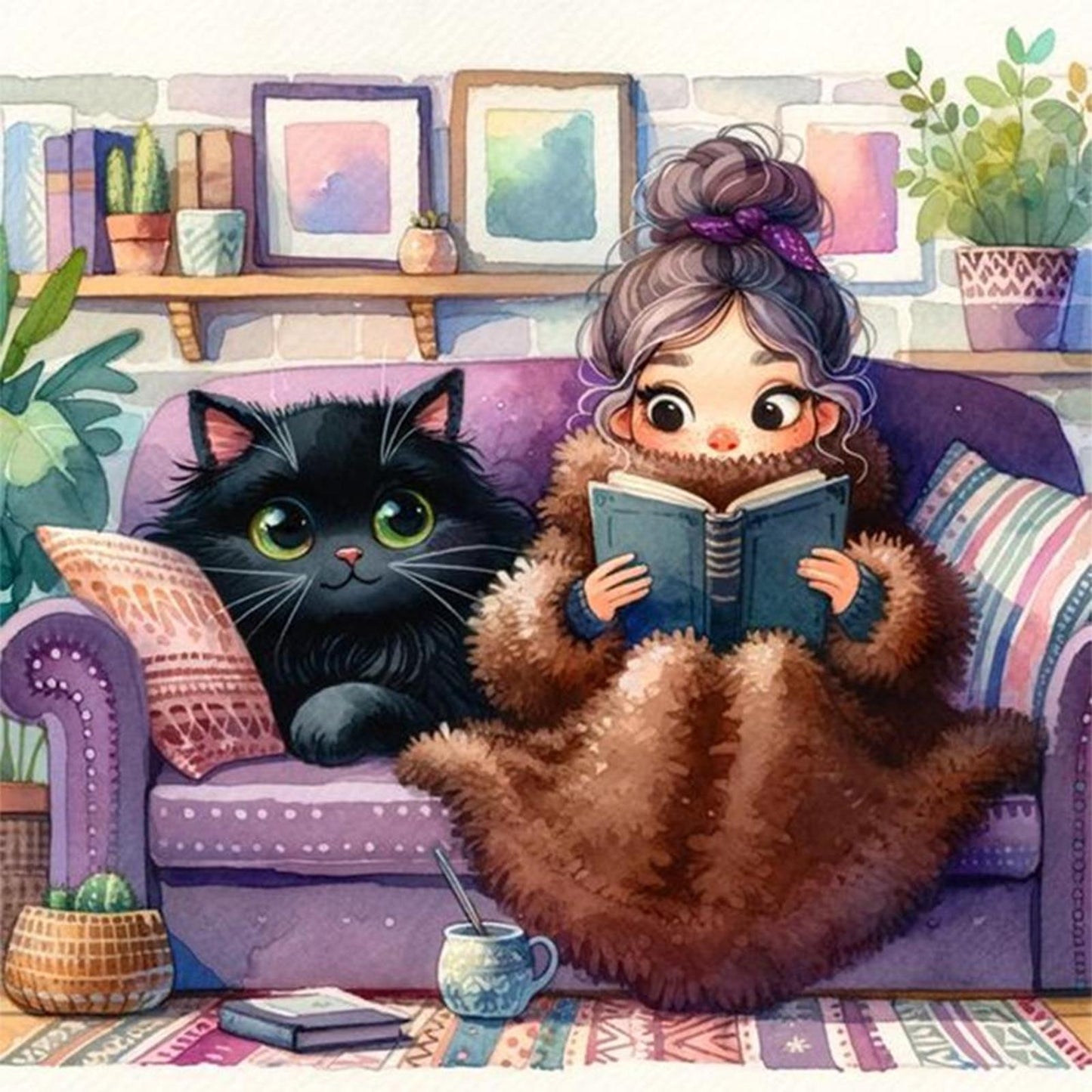 Girl Reading With Cat - Full 11CT Stamped Cross Stitch 50x50CM - Yishu