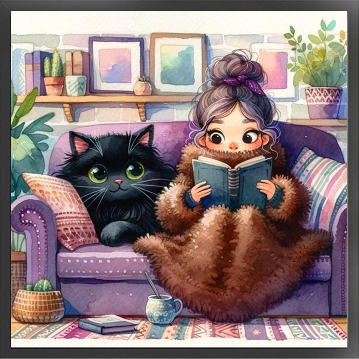 Girl Reading With Cat - Full 11CT Stamped Cross Stitch 50x50CM - Yishu