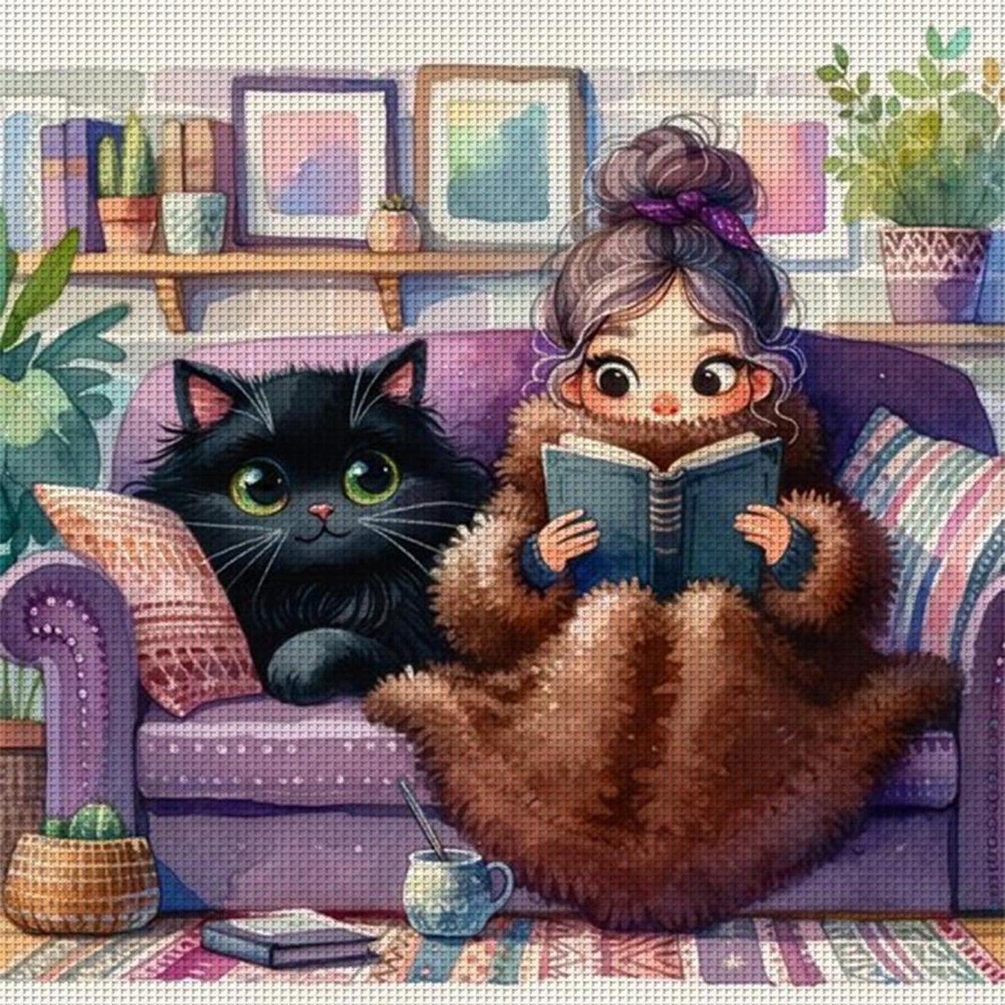 Girl Reading With Cat - Full 11CT Stamped Cross Stitch 50x50CM - Yishu