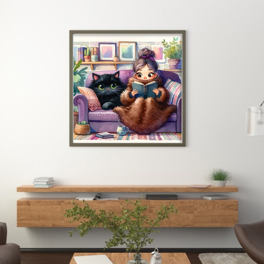 Girl Reading With Cat - Full 11CT Stamped Cross Stitch 50x50CM - Yishu