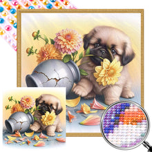 Load image into Gallery viewer, Flowers And A Pug Puppy 40*40CM(Picture) Full Round Drill Diamond Painting

