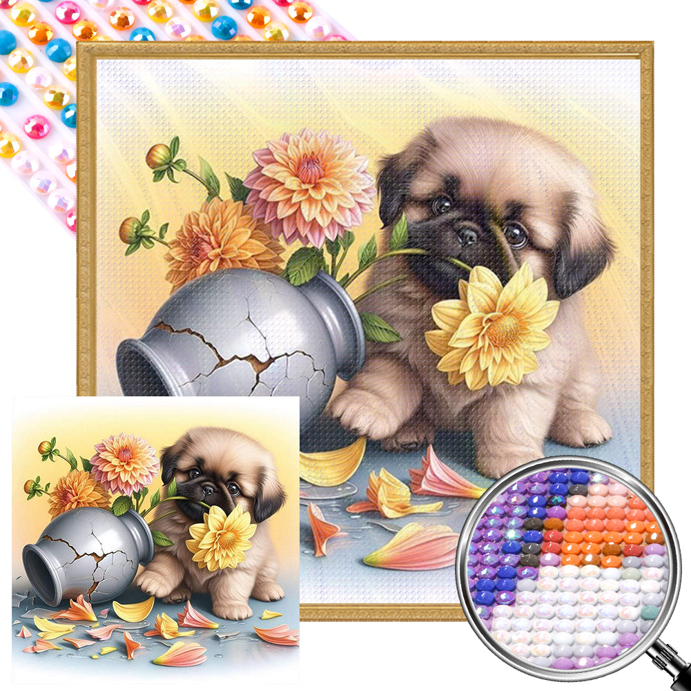 Flowers And A Pug Puppy 40*40CM(Picture) Full Round Drill Diamond Painting