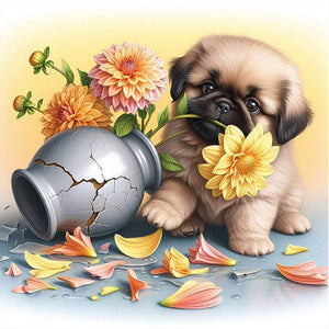 Flowers And A Pug Puppy 40*40CM(Picture) Full Round Drill Diamond Painting