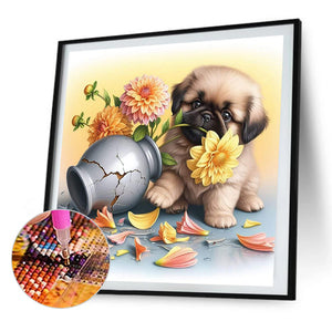 Flowers And A Pug Puppy 40*40CM(Picture) Full Round Drill Diamond Painting