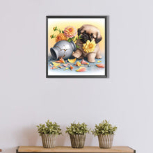 Load image into Gallery viewer, Flowers And A Pug Puppy 40*40CM(Picture) Full Round Drill Diamond Painting
