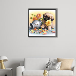 Flowers And A Pug Puppy 40*40CM(Picture) Full Round Drill Diamond Painting