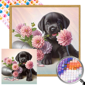 Flowers And A Labrador Puppy 40*40CM(Picture) Full Round Drill Diamond Painting