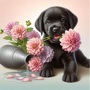 Flowers And A Labrador Puppy 40*40CM(Picture) Full Round Drill Diamond Painting