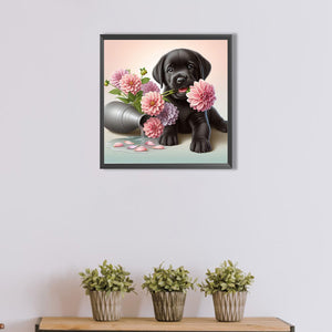Flowers And A Labrador Puppy 40*40CM(Picture) Full Round Drill Diamond Painting