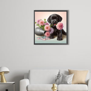 Flowers And A Labrador Puppy 40*40CM(Picture) Full Round Drill Diamond Painting