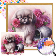 Load image into Gallery viewer, Flowers And A Pekingese Puppy 40*40CM(Picture) Full Round Drill Diamond Painting
