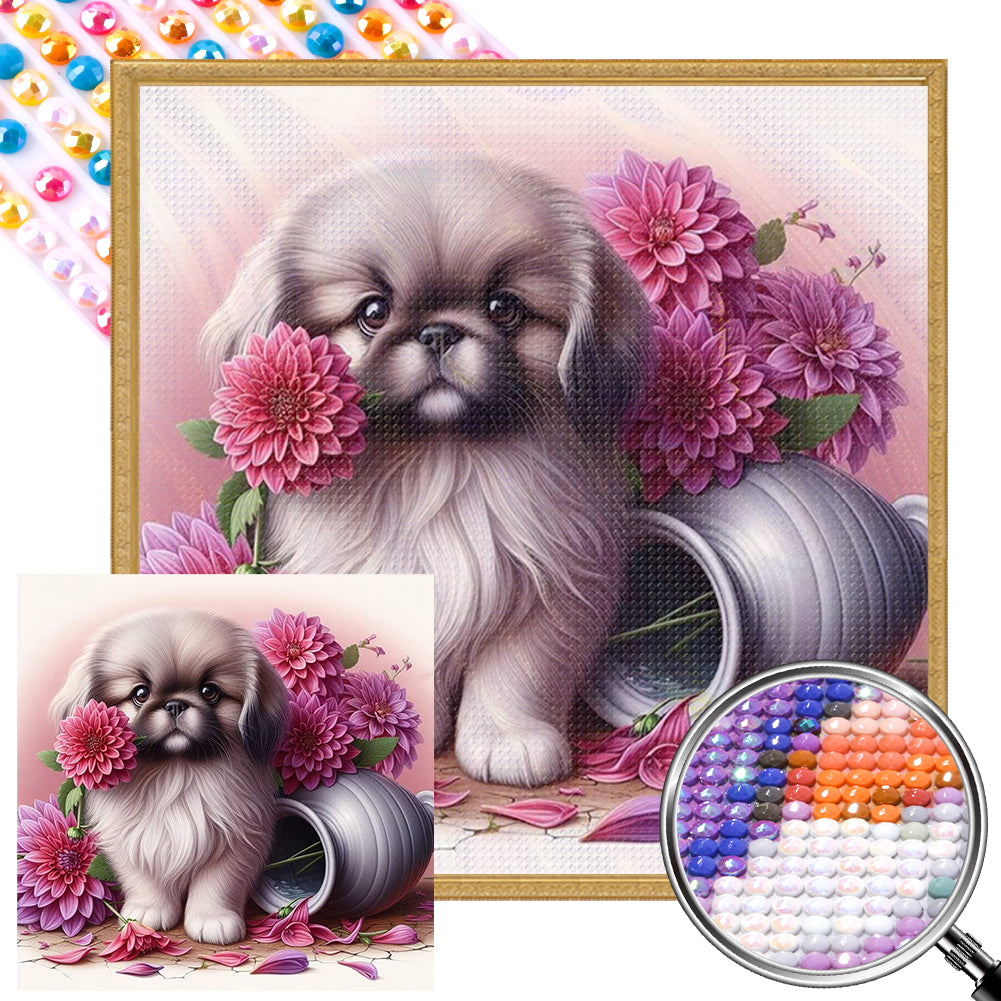 Flowers And A Pekingese Puppy 40*40CM(Picture) Full Round Drill Diamond Painting