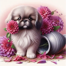 Load image into Gallery viewer, Flowers And A Pekingese Puppy 40*40CM(Picture) Full Round Drill Diamond Painting
