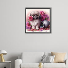 Load image into Gallery viewer, Flowers And A Pekingese Puppy 40*40CM(Picture) Full Round Drill Diamond Painting
