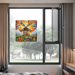 Stained Glass Windmill House Rhinestone Wall Sticker Diamond Painting Sticker