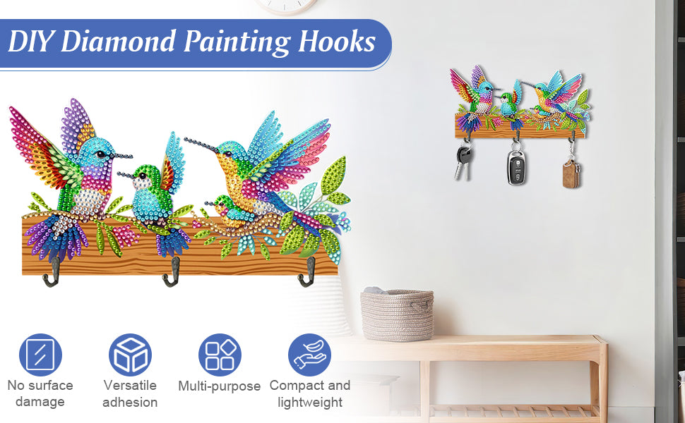 Birds Theme Wood DIY Diamond Painting Art Hooks No Hole Punching Wall Decoration