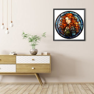 Red-Haired Girl Glass Painting 40*40CM(Picture) Full Round Drill Diamond Painting