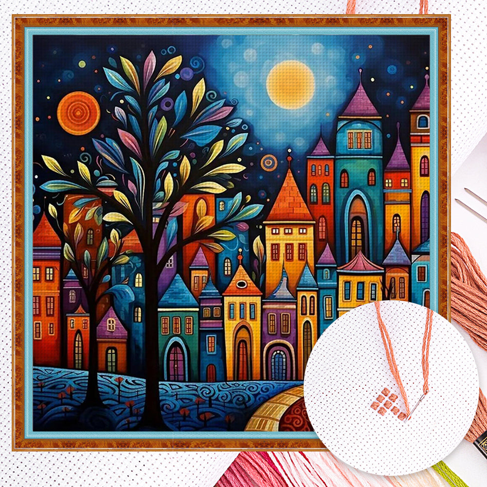 Colorful House - Full 14CT Counted Cross Stitch 40x40CM - Huacan