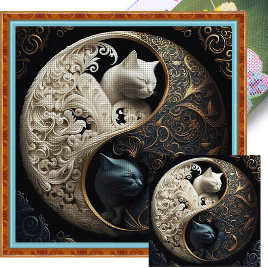 Yin-Yang Black And White Cat - Full 11CT Stamped Cross Stitch 45x45CM - Huacan