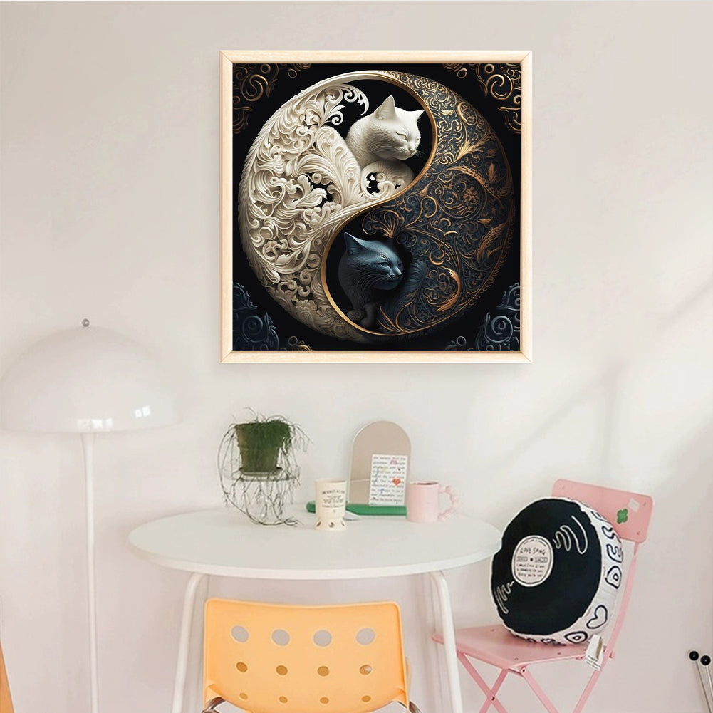 Yin-Yang Black And White Cat - Full 11CT Stamped Cross Stitch 45x45CM - Huacan