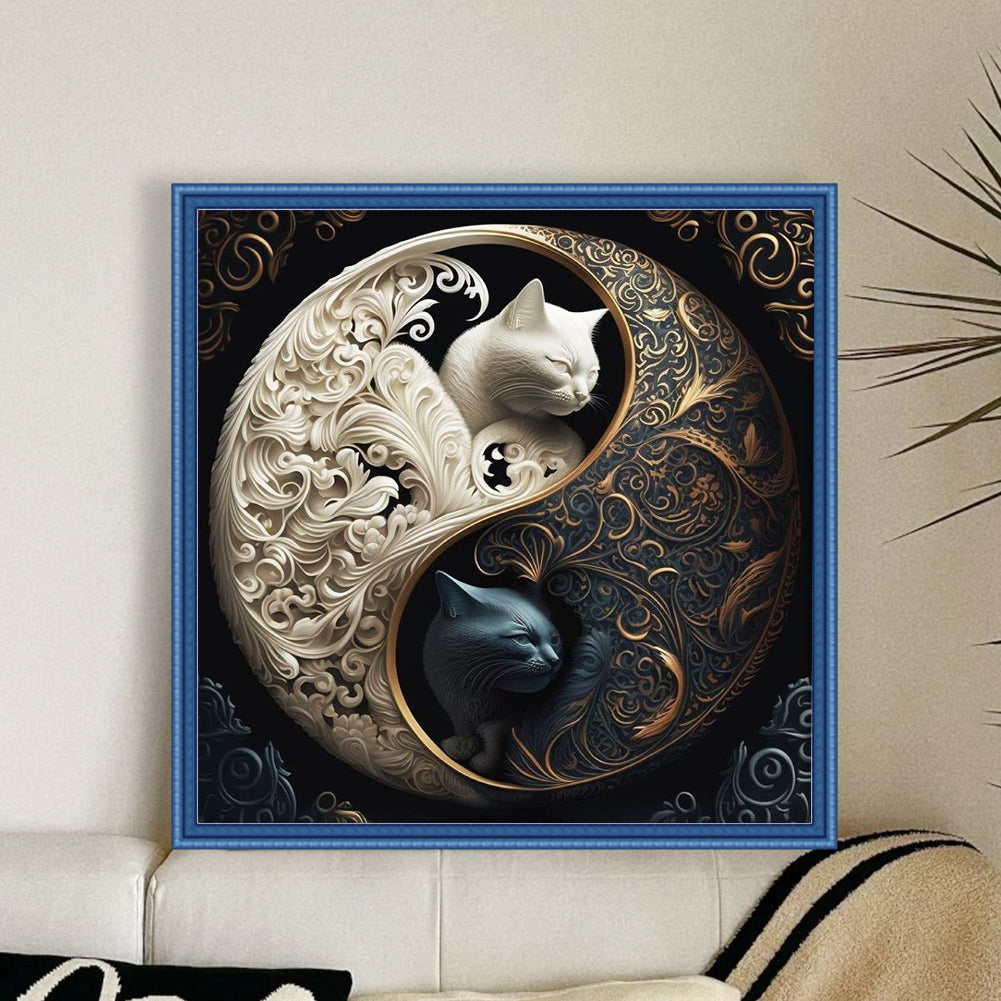 Yin-Yang Black And White Cat - Full 11CT Stamped Cross Stitch 45x45CM - Huacan