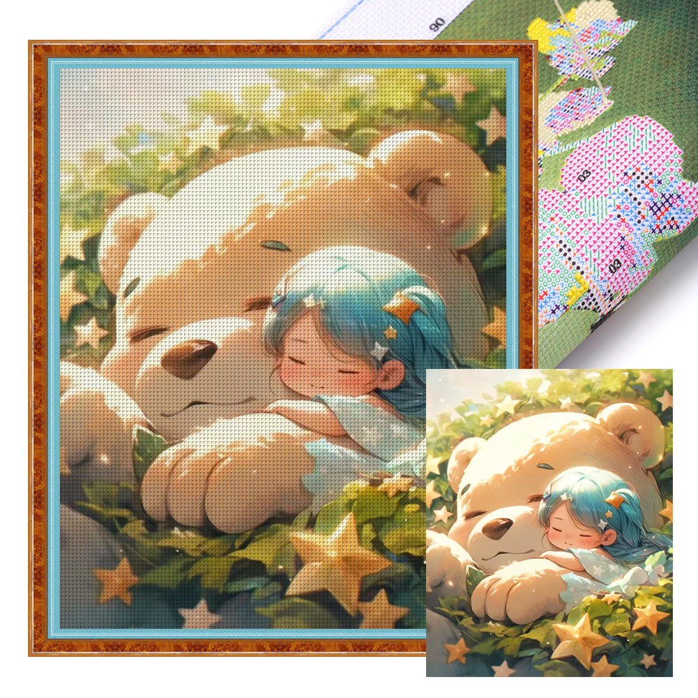 Yishu - Girl And Bear In The Sun - 40*50CM 11CT 3 Stamped Cross Stitch