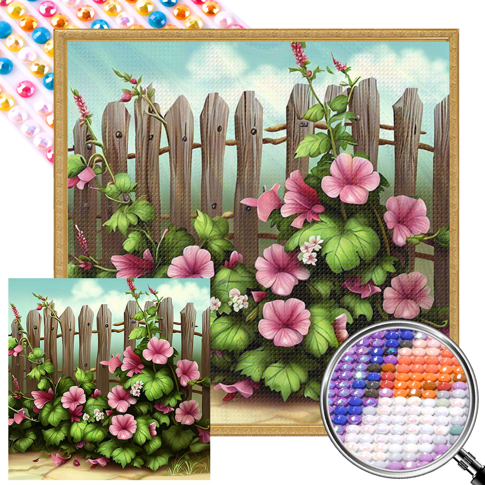 Fence With Flowers 40*40CM(Picture) Full Round Drill Diamond Painting