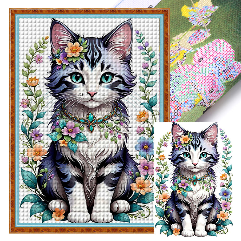 Huancan - Flower Vine Cat - 40*60CM 11CT 3 Stamped Cross Stitch